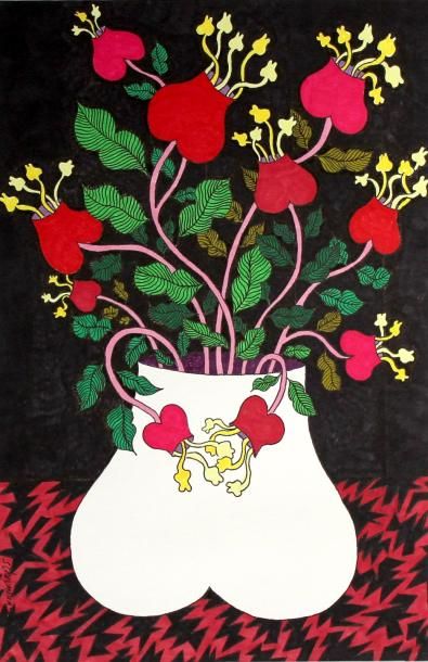 null JEAN SCHOUMANN (né en 1934). Femme-fleur n°2 sur fond noir. Encre de couleur...