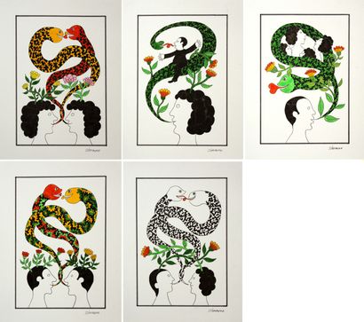 null JEAN SCHOUMANN (né en 1934). Série des serpentines. Cinq dessins à l'Ecoline...