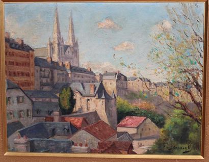 null F. JOUSSET. Paysage à la cathédrale. Huile sur toile marouflée sur carton signée...