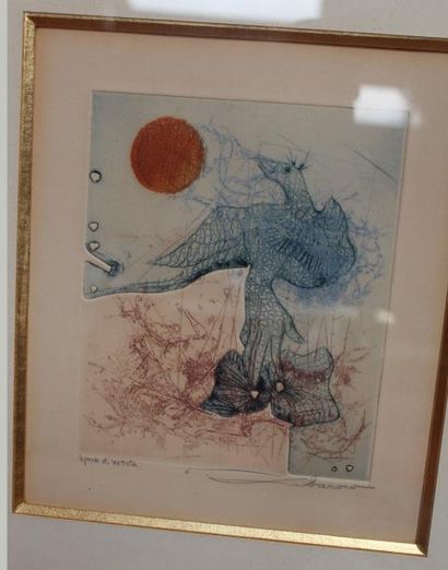 null Renée LUBAROW (1923). Composition à l'oiseau. Epreuve d'artiste signée en bas...