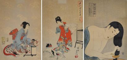 null Trois oban tate-e, dont deux par Toyohara Chikanobu (actif vers 870-1930) de...