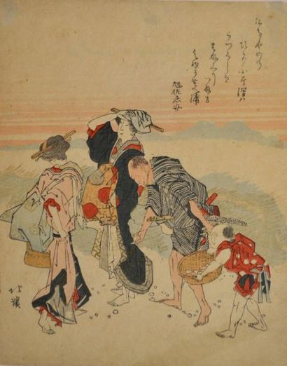 null Totoya Hokkei (1780-1850) Shikishiban, deux courtisanes et un homme accompagnés...