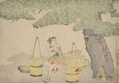 null Kitao Masayoshi (1764-1824) Aiban yoko-e, marchant ambulant se reposant. Signé...