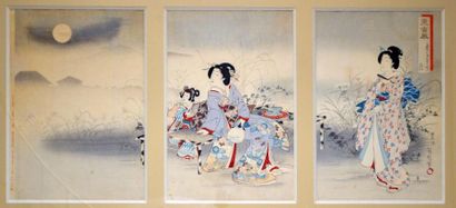 null Toyohara Kunichika (1835-1900) Triptyque oban tate-e, représentant des jeunes...