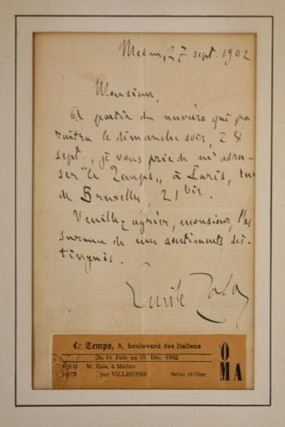 null Emile ZOLA (1840-1902) LETTRE autographe signe?e situe?e Medan, et date?e 27...