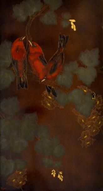 null GASTON SUISSE (1896-1988) Trois oiseaux rouges sur une branche feuillage. Panneau...