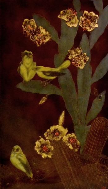 null GASTON SUISSE (1896-1988) Trois oiseaux vert sur un cactus fleuri. Panneau formant...