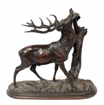 null Pierre-Jules MÈNE (1810-1879) Cerf à la branche. Bronze à patine brun rouge...