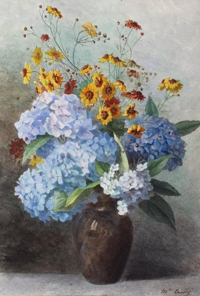 null Marguerite CRESTY (1841-?) Vase d'hortensias bleus. Aquarelle signée en bas...