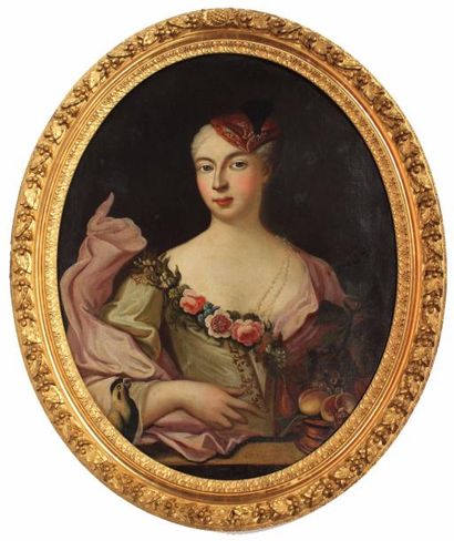 null Ecole française du XVIIIe. Portrait d’élégante au collier de perles. Toile ovale....