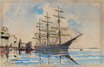 null Pierre BOMPARD (1890-1962) Trois-mâts au port de Lorient. Gouache signée et...