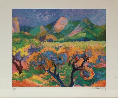 null Serge MENDJISKY (1929-2017) Oliviers en Provence. Lithographie en couleurs signée...