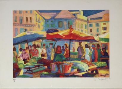 null Serge MENDJISKY (1929-2017) Le marché. Lithographie en couleurs signée en bas...