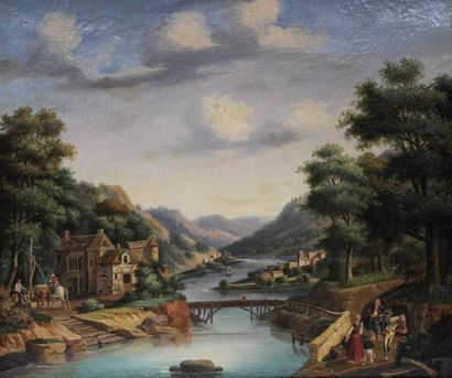 null Ecole du XIXe. Paysage animé au pont. Huile sur toile. (Restauration). 46 x...