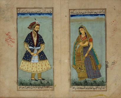 null Deux PAGES de livres, miniatures indiennes, homme et femme, sous verre.