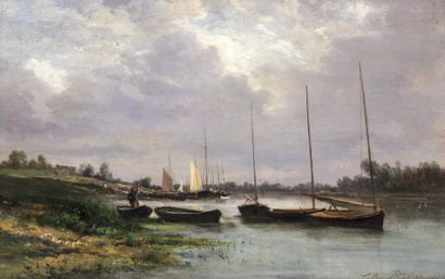null Jules ROZIER (1821-1882) Voiliers sur l'étang. Huile sur toile signée en bas...