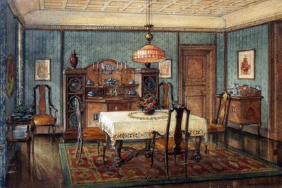 null Ecole russe, XXe Intérieur bourgeois, vers 1920. Aquarelle signée. 33 x 49 ...