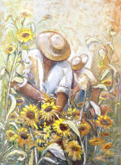 null Pierre BALDI (1919). La cueillette des tournesols, huile sur toile, signée en...