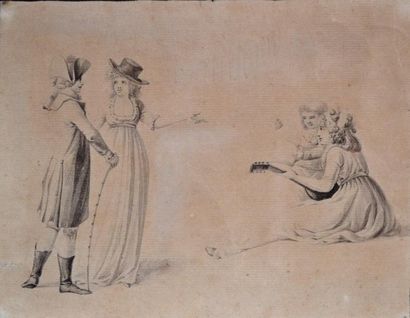 null Ecole française début XIXe. Couple d'élégants et musiciens. Lavis d'encre. (Taches)....