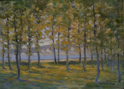 null Auguste Michel COLLE (1872-1949) Sous-bois, un lac en arrière plan. Huile sur...