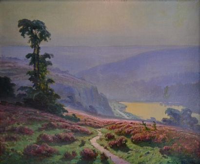 null Gaston ANGLADE (1854-1919) Paysage aux bruyères. Huile sur toile signée en bas...