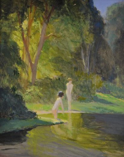 null Pierre Laurent BAESCHLIN (1886-1958) Deux baigneuses au bord du lac. Huile sur...