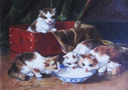null Alfred Arthur BRUNEL DE NEUVILLE (1852-1941) Quatre chatons à l'assiette de...