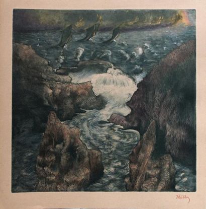 null Alfredo MÜLLER (1869-1939) Côte rocheuse aux trois voiliers. Eau-forte, aquatinte...