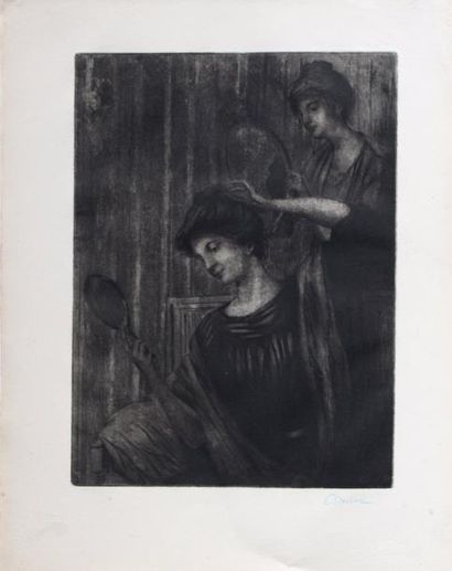 null Allan ÖSTERLIND (1855-1938) Femme et servante au miroir. Eau-forte signée en...