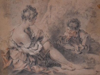 null Ecole française dans le goût de François BOUCHER. Couple de musiciens. Dessin...