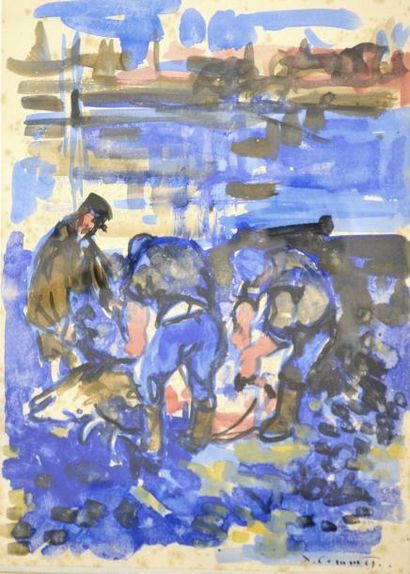 null Yves-Jean COMMERE (1920-1986) Scène de vénerie. Aquarelle signée en bas à droite....