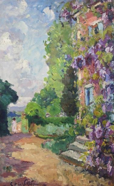 null Emmanuel de LA VILLÉON (1858-1944). Glycine en fleurs, huile sur panneau, signé...