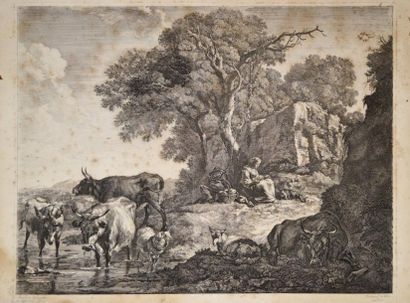 null Nicolaes BERCHEM (1620-1683) Le repos des paysans. Eau-forte. (Marge coupée)....