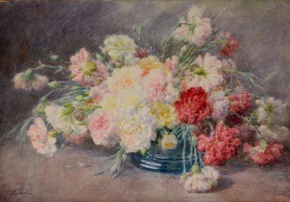 null François RIVOIRE (1842-1919) Vase d'oeillets. Aquarelle signée en bas à gauche....