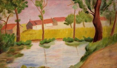 null Pinchus KREMEGNE (1890-1981) Paysage à l'étang. Gouache signée en bas à droite....
