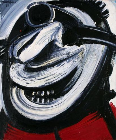 null John CHRISTOFOROU (1921-2014) Portrait au gilet rouge, 1986. Huile sur toile...