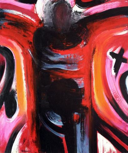 null John CHRISTOFOROU (1921-2014) Crucifixion sur fond rouge, 1990. Huile sur toile...