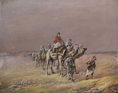 null Gaspard DE TOURSKY (?-1925) Caravane dans le désert. Huile sur toile signée...
