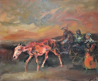 null Walter SPITZER (1927) Famille dans une charrette. Huile sur toile signée en...