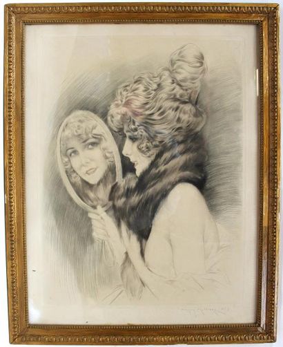null Maurice MILLIERE (1871-1946). Femme au miroir, pointe sèche, signé et annoté...