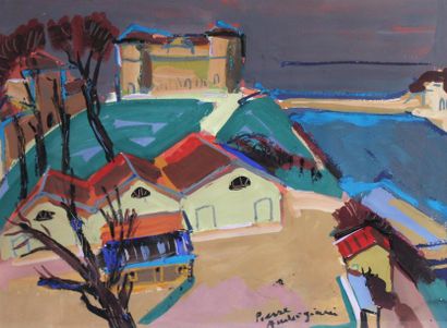 null Pierre AMBROGIANI (1907-1985) Vue plongeante sur la ville. Gouache signée en...