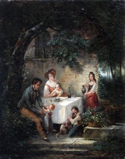 null V. BONNEL, XIXe. Repas familial, 1835. Huile sur toile signée et datée en bas...