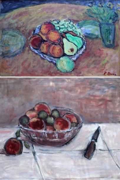 null Pierre BRUNE (1887-1956) Nature morte aux pommes et couteau. Huile sur toile....