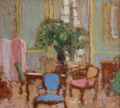 null Pierre BRUNE (1887-1956). Le salon. Huile sur papier marouflé sur carton. 29,5...