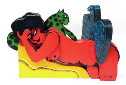 null CORNEILLE (1922-2010) Femme rouge, oiseau bleu, chat vert. Bois peint, signé...