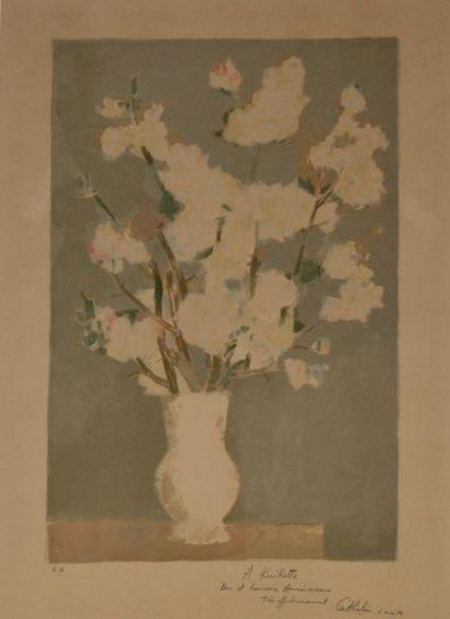 null Bernard CATHELIN (1919-2004) Bouquet de fleurs blanches au fond vert pâle. Lithographie...