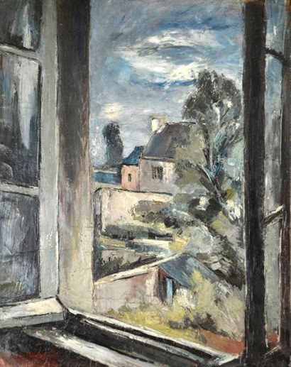 null Anders OSTERLIND (1887-1960) Fenêtre ouverte sur un paysage. Huile sur toile...