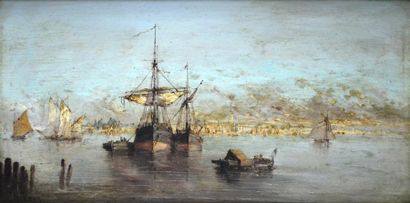 null Alphonse LEVY (1843-1918) Voiliers mouillant dans la Lagune à Venise. Huile...