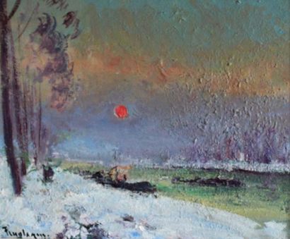 null Georges FERRO LA GRÉE (1941) Soleil couchant, effet de neige. Huile sur toile...