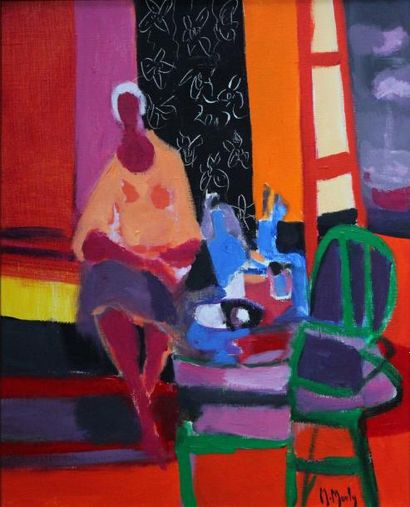 null Marcel MOULY (1918-2008) Intérieur au rideau africain, 1992. Huile sur isorel...